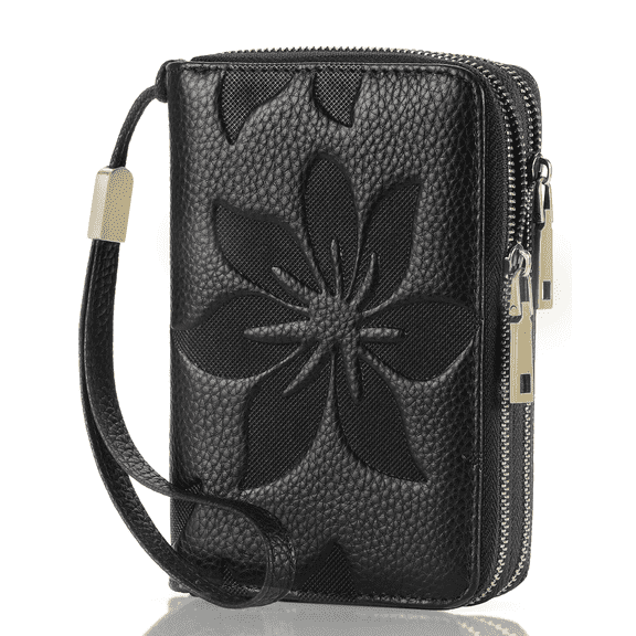 GOIACII Women's Floral Leather Wallet Double Zip Credit Card Holder with Rfid Blocking Medium Size Wristlet Purse