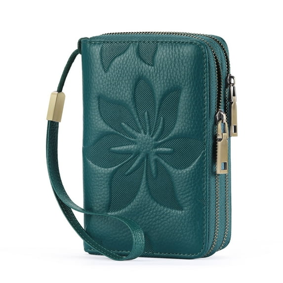 GOIACII Women's Floral Leather Wallet Double Zip Credit Card Holder with Rfid Blocking Medium Size Wristlet Purse