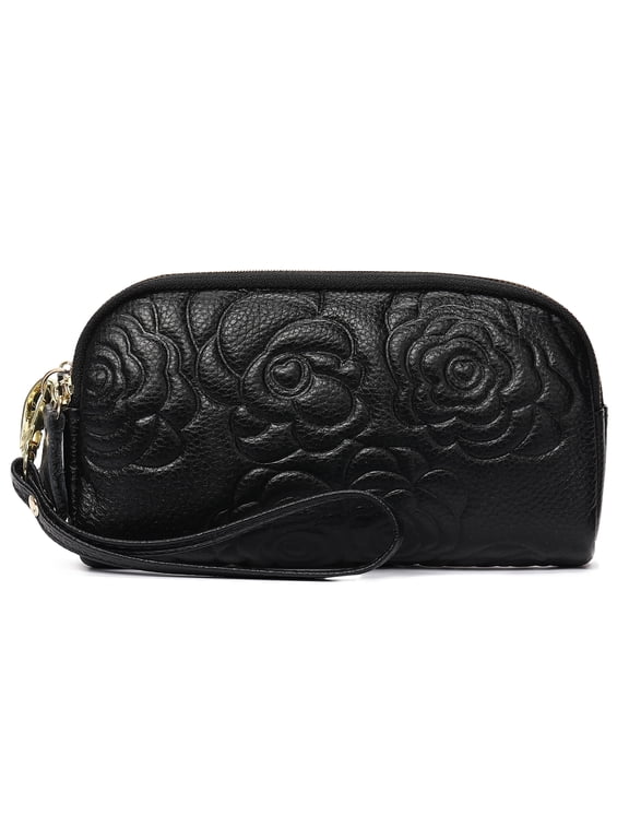 Women's Leather Wristlet Wallet,Large Capacity 3-Zipper Clutch Purse with Detachable Wrist Strap