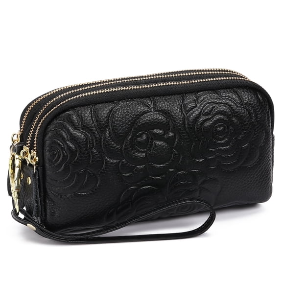 GOIACII Women's Leather Wristlet Wallet,Large Capacity 3-Zipper Clutch Purse with Detachable Wrist Strap