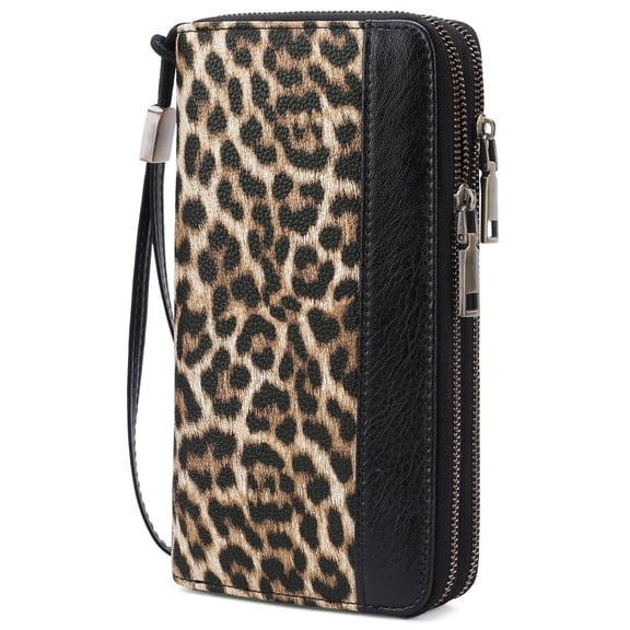 GOIACII Women's Wallet Large Capacity Double Zip Ladies Card Phone Holder RFID Blocking Wristlet Leather