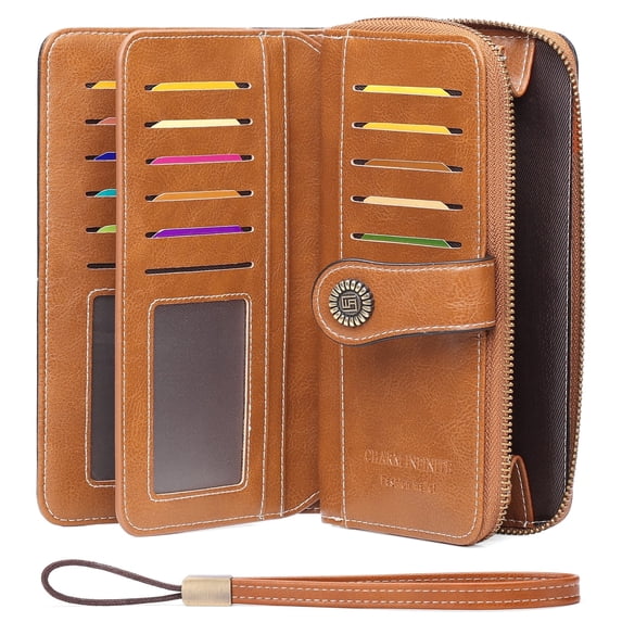 GOIACII Women's Wallet Large Capacity Leather RFID Blocking Trifold Ladies Cluth Wristlet Wrist Strap Long Purse Credit Card Holder with Gift Box
