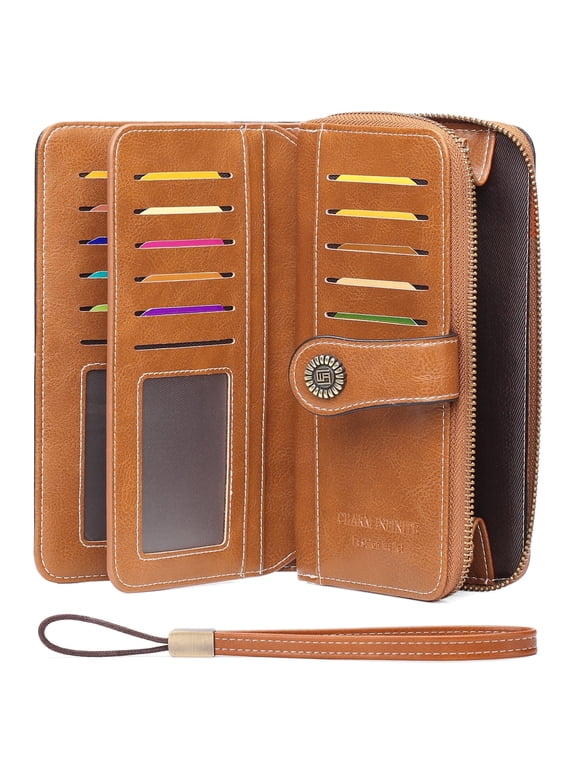 Women's Wallet Large Capacity Leather RFID Blocking Trifold Ladies Cluth Wristlet Wrist Strap Long Purse Credit Card Holder with Gift Box