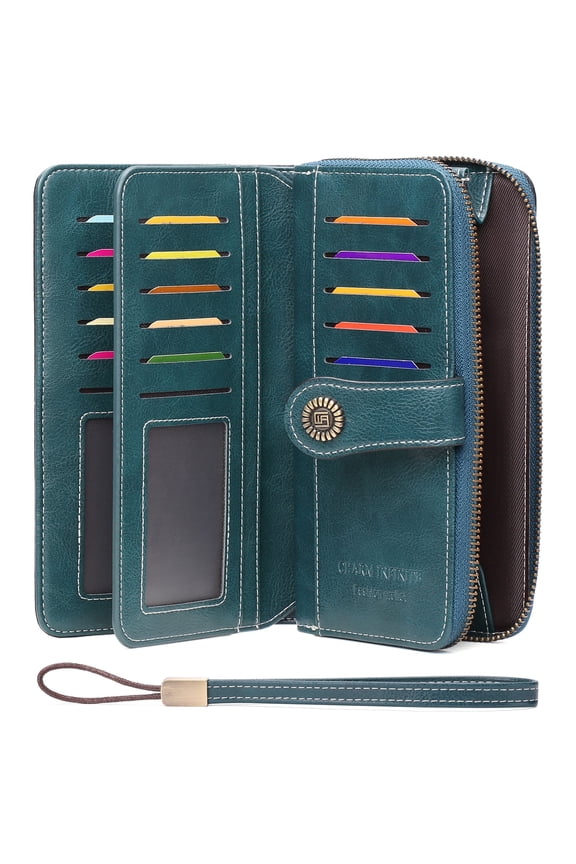 Women's Wallet Large Capacity Leather RFID Blocking Trifold Ladies Cluth Wristlet Wrist Strap Long Purse Credit Card Holder with Gift Box