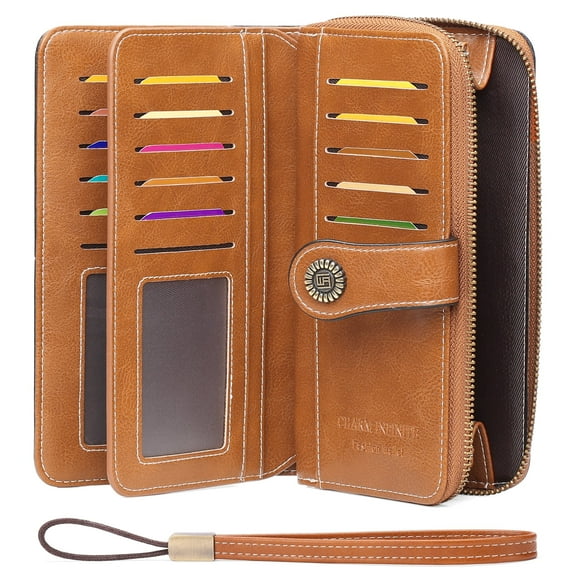 GOIACII Women's Wallet Large Capacity Leather RFID Blocking Trifold Ladies Cluth Wristlet Wrist Strap Long Purse Credit Card Holder with Gift Box