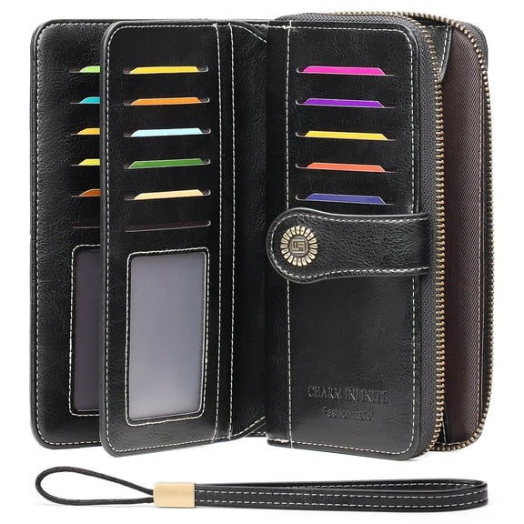 GOIACII Women's Wallet Large Capacity Leather RFID Blocking Trifold Ladies Cluth Wristlet Wrist Strap Long Purse Credit Card Holder with Gift Box