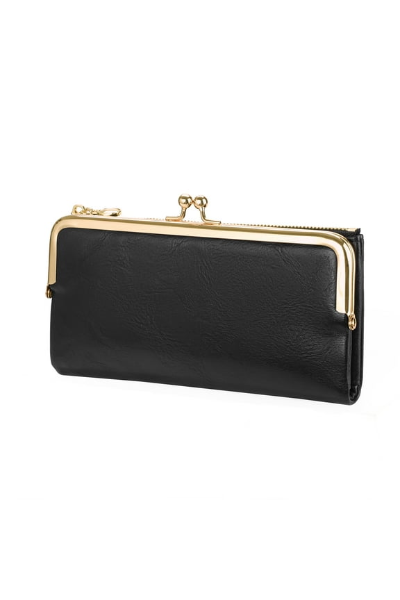 Womens Wallet Ladies Vintage Billfold Compact Card Holder Long Zip Clutch Purse with Kiss Lock Black
