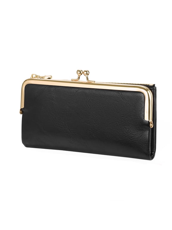 Womens Wallet Ladies Vintage Billfold Compact Card Holder Long Zip Clutch Purse with Kiss Lock Black