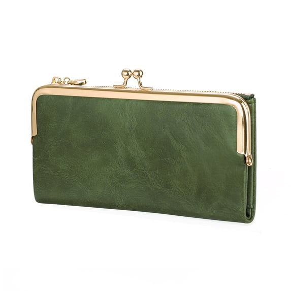 GOIACII Womens Wallet Ladies Vintage Billfold Compact Card Holder Long Zip Clutch Purse with Kiss Lock Black