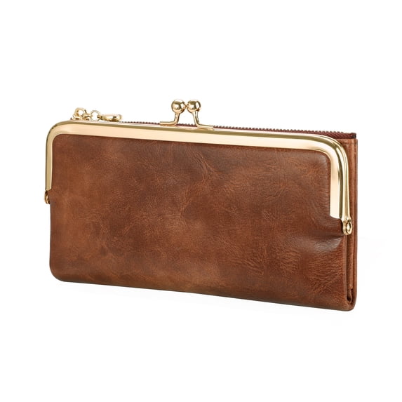 GOIACII Womens Wallet Ladies Vintage Billfold Compact Card Holder Long Zip Clutch Purse with Kiss Lock Black