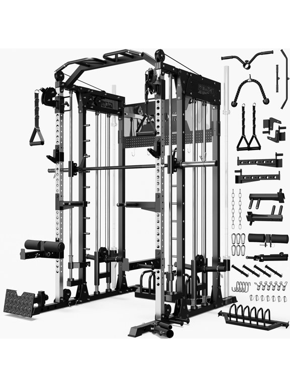 SM4 Smith Machine Power Cage, 2500 lbs Multi‑Function Home Gym with Dual Pulley System, Lat Pulldown & Low Row, Anti‑Derailment Pulley, Weight Storage & Full Training Attachments
