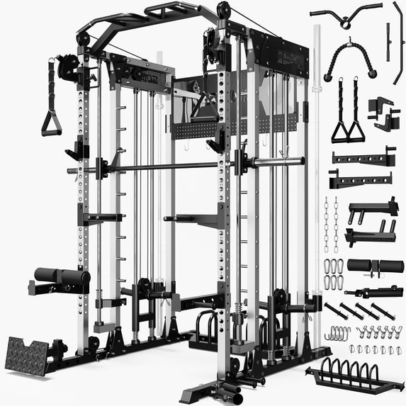 GOIMU SM4 Smith Machine Power Cage, 2500 lbs Multi‑Function Home Gym with Dual Pulley System, Lat Pulldown & Low Row, Anti‑Derailment Pulley, Weight Storage & Full Training Attachments