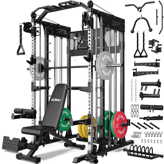 GOIMU SM4 Smith Machine Power Cage, 2500 lbs Multi‑Function Home Gym with Dual Pulley System, Lat Pulldown & Low Row, Anti‑Derailment Pulley, Weight Storage & Full Training Attachments