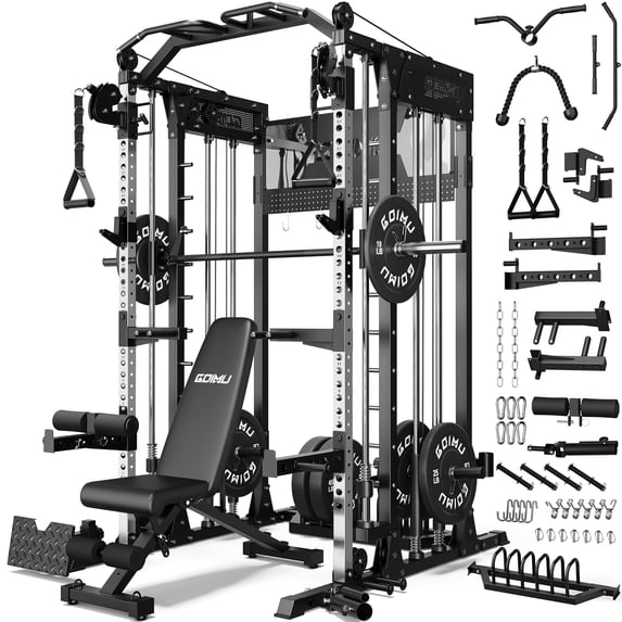 GOIMU SM4 Smith Machine Power Cage, 2500 lbs Multi‑Function Home Gym with Dual Pulley System, Lat Pulldown & Low Row, Anti‑Derailment Pulley, Weight Storage & Full Training Attachments