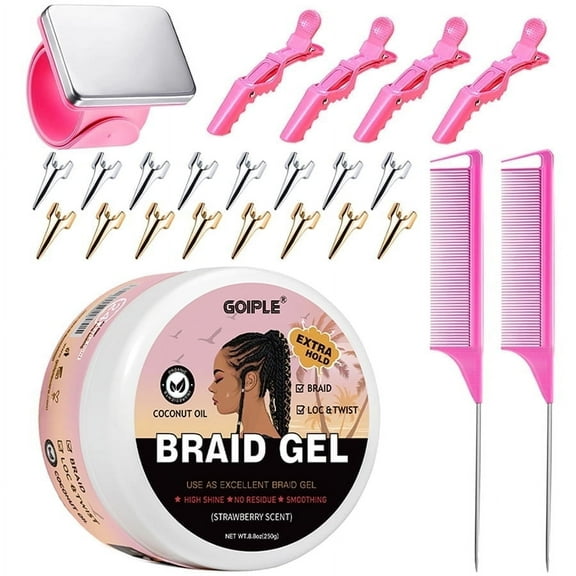 GOIPLE 24Pcs Strong Hold Braid Gel Conditioning & Locking for Twists, Locs, Edges, Cornrows, with Hair Tools: Magnetic Pin Wristband, Comb, Adjustable Hair Parting Hair Sectioning Ring Nail Finger