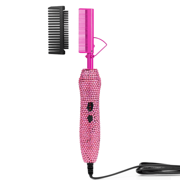 GOIPLE Diamond Electric Adjustable Temperature Hair Straightener Brush, Deluxe Electrical Straightening Comb Curling Iron for Natural Black Hair,Multifunctional Copper Hair Straightener Brush(Pink)