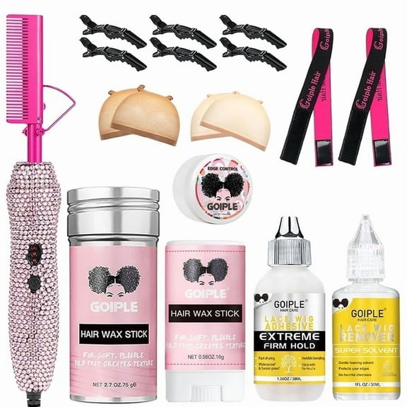 GOIPLE Diamond Electric Adjustable Temperature Hair Straightener Brush, Deluxe Electrical Straightening Comb Curling Iron for Natural Black Hair Wigs, Hot Comb With Wig Glue Setting Kit