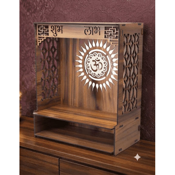 GOJEEVA KRAFT Royal Walnut Finish Wooden Pooja Mandir | Wall Mounted Home Temple with LED Lights & Spacious Storage | Premium Handcrafted Puja Unit (Large)
