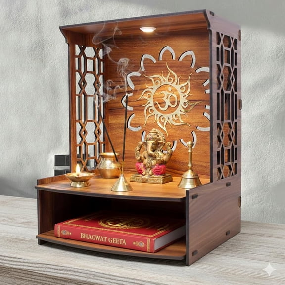 GOJEEVA KRAFT Royal Walnut Finish Wooden Pooja Mandir | Wall Mounted Home Temple with LED Lights & Spacious Storage | Premium Handcrafted Puja Unit (Large)