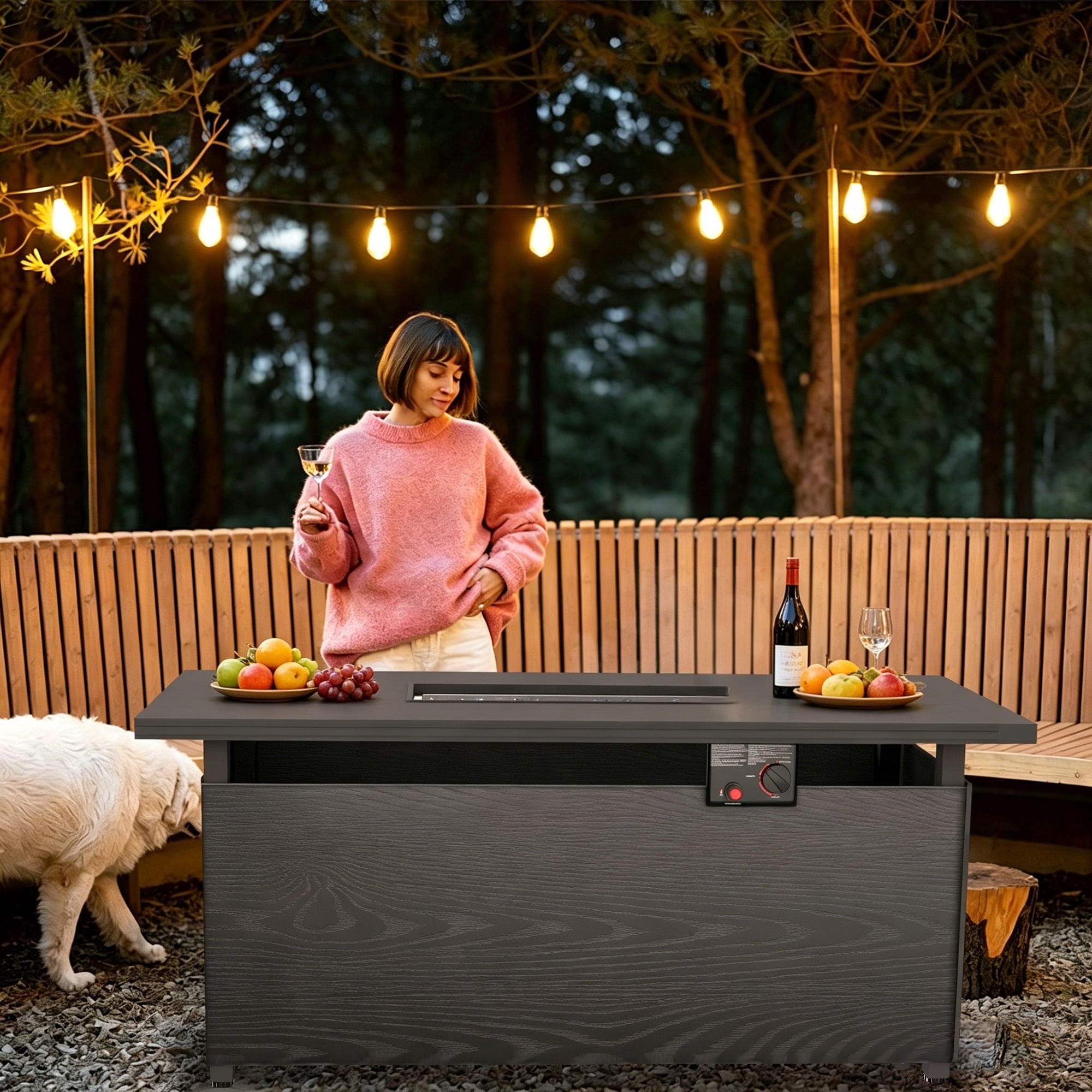 GOJOOASIS 42” Fire Pit Table, Propane Fire Pit with Metal Tabletop Auto-Ignition Outdoor Rattan Fire Pit with Glass Wind Guard & Waterproof Cover