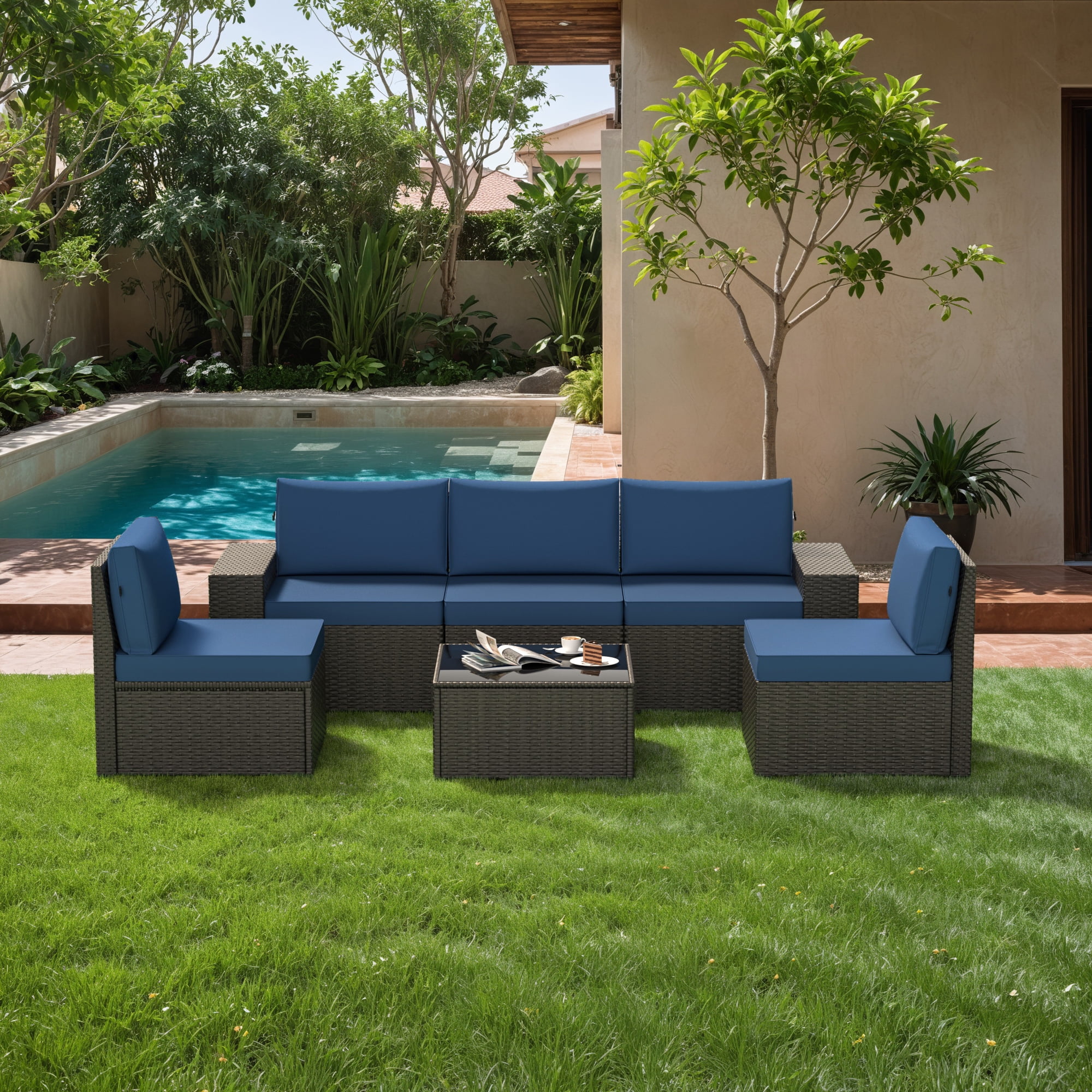 GOJOOASIS 6 Pieces Patio Furniture Set Outdoor PE Wicker Rattan Sectional Conversation Sofa,Blue