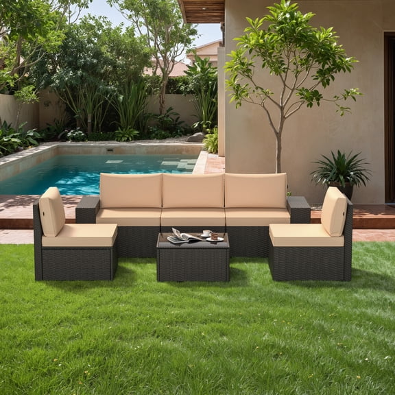 GOJOOASIS 6 Pieces Patio Furniture Set Outdoor Wicker Sectional Sofa With Cushion And Glass Table for Porch