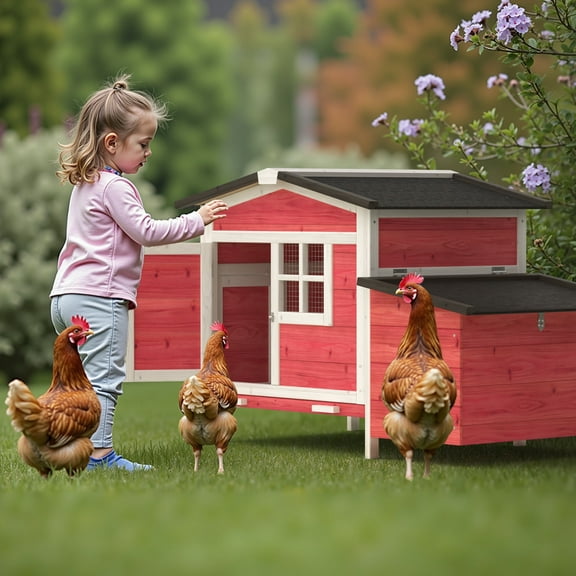 GOJOOASIS Outdoor Rabbit Hutch Chicken Coop with Tray & Nesting Box Wooden Cage,Red