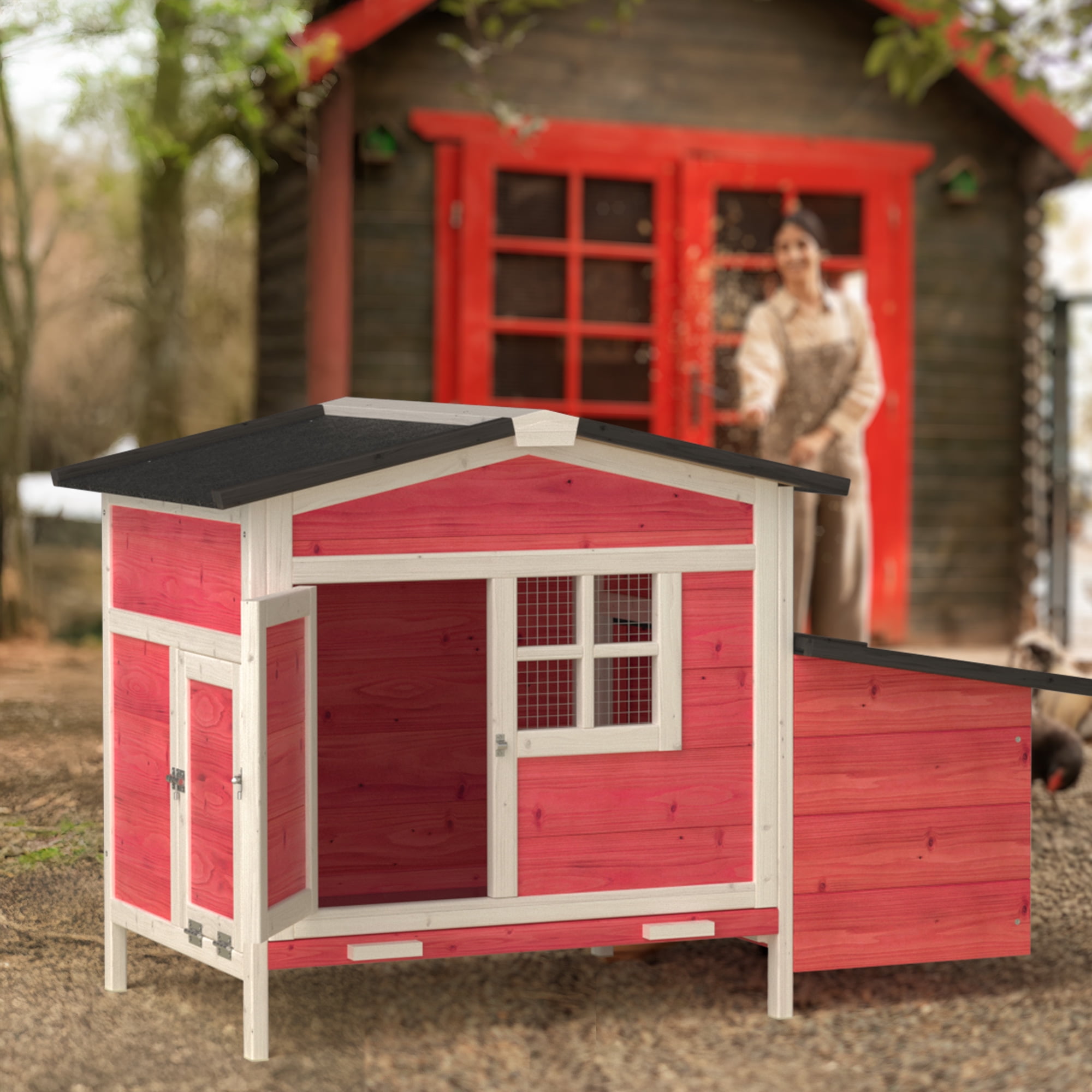 GOJOOASIS Outdoor Wooden Chicken Coop Hen House Poultry Cage Red with Tray, Ramp & Nesting Box,Red