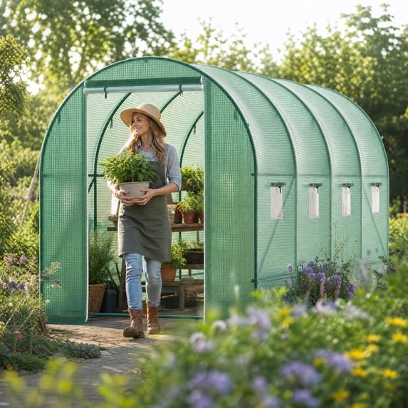 GOJOOASIS Outdoors Heavy Duty 15 x 7 x 7 FT Portable Greenhouse with 8 Ventilated Screen Windows & Rolling Zipper Door