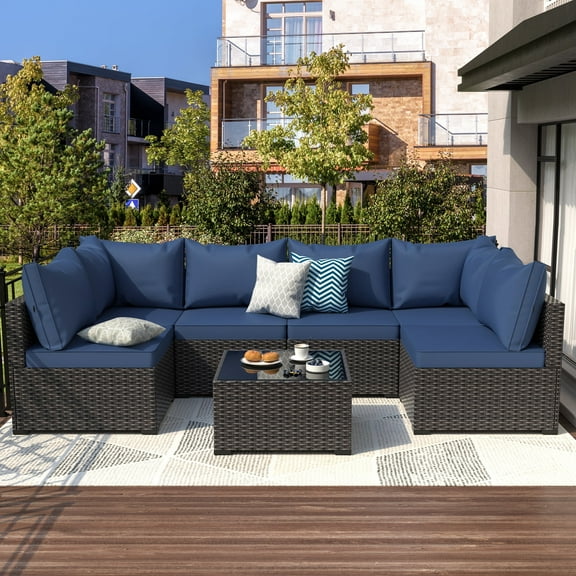 GOJOOASIS Patio Furniture Set, 7 Pieces Outdoor PE Rattan Couch with Glass Table All Weather Sectional Washable Cushion Blue