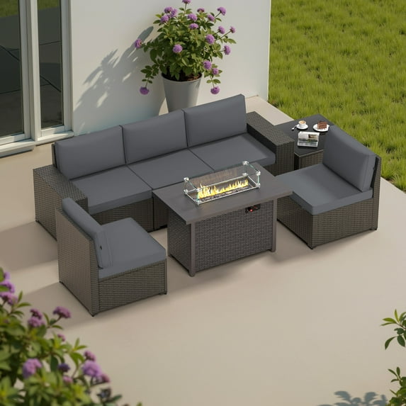 GOJOOASIS Patio Furniture Set 7 Pieces Outdoor Rattan Sectional Sofa Sets With Fire Pit Table,Grey
