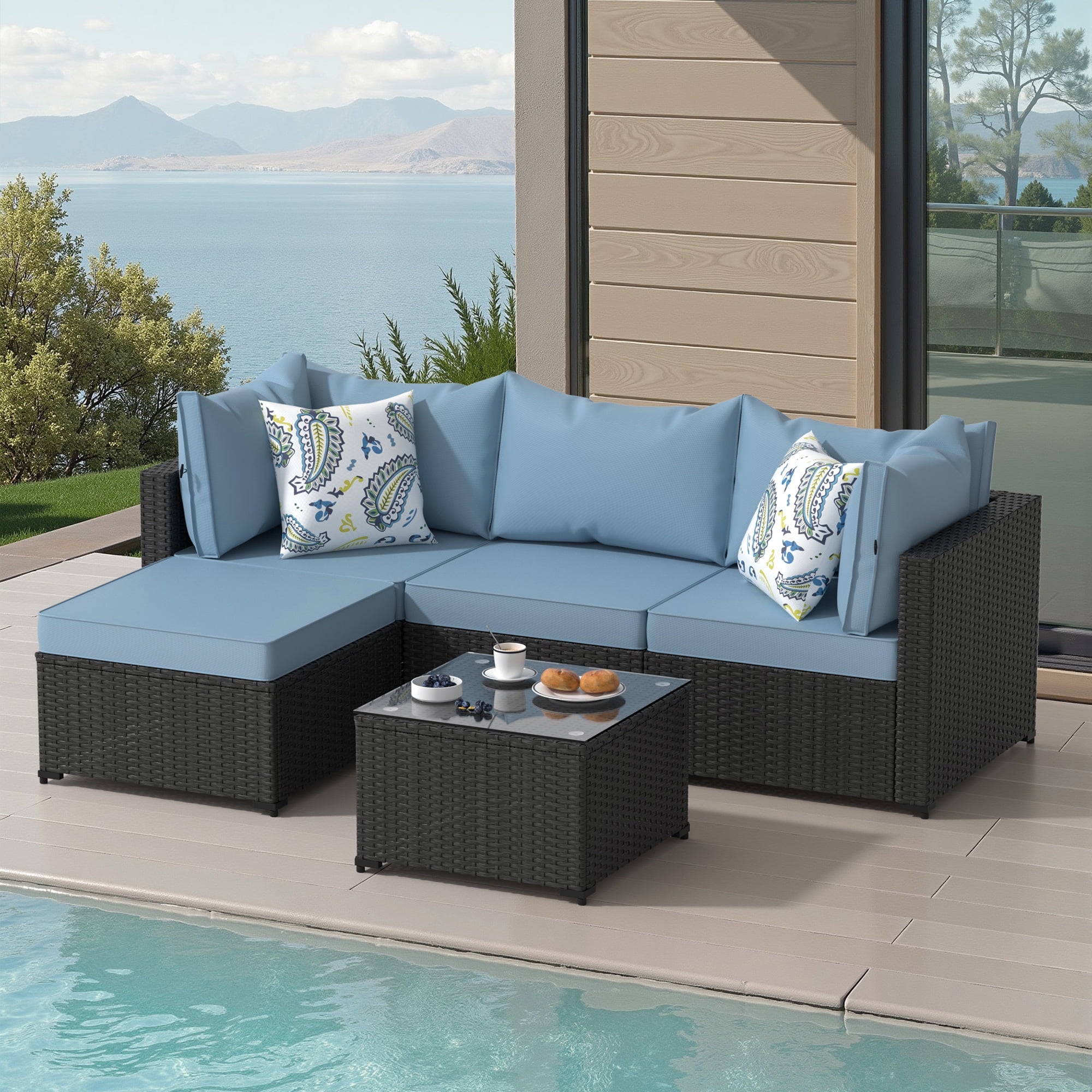 Patio Furniture Set, 5PCS Outdoor Sectional With Ottoman Wicker Rattan Patio Couch With Thickened Cushion Modular Wicker Patio Conversation Set With Glass Top Table For Balcony, Backyard (Navy Blue