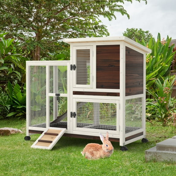 GOJOOASIS Rabbit Hutch Indoor, Chicken Coop Outdoor with 3 Removable Tray 2 Story Rabbit House with Running Cage & Ramp & Wheels