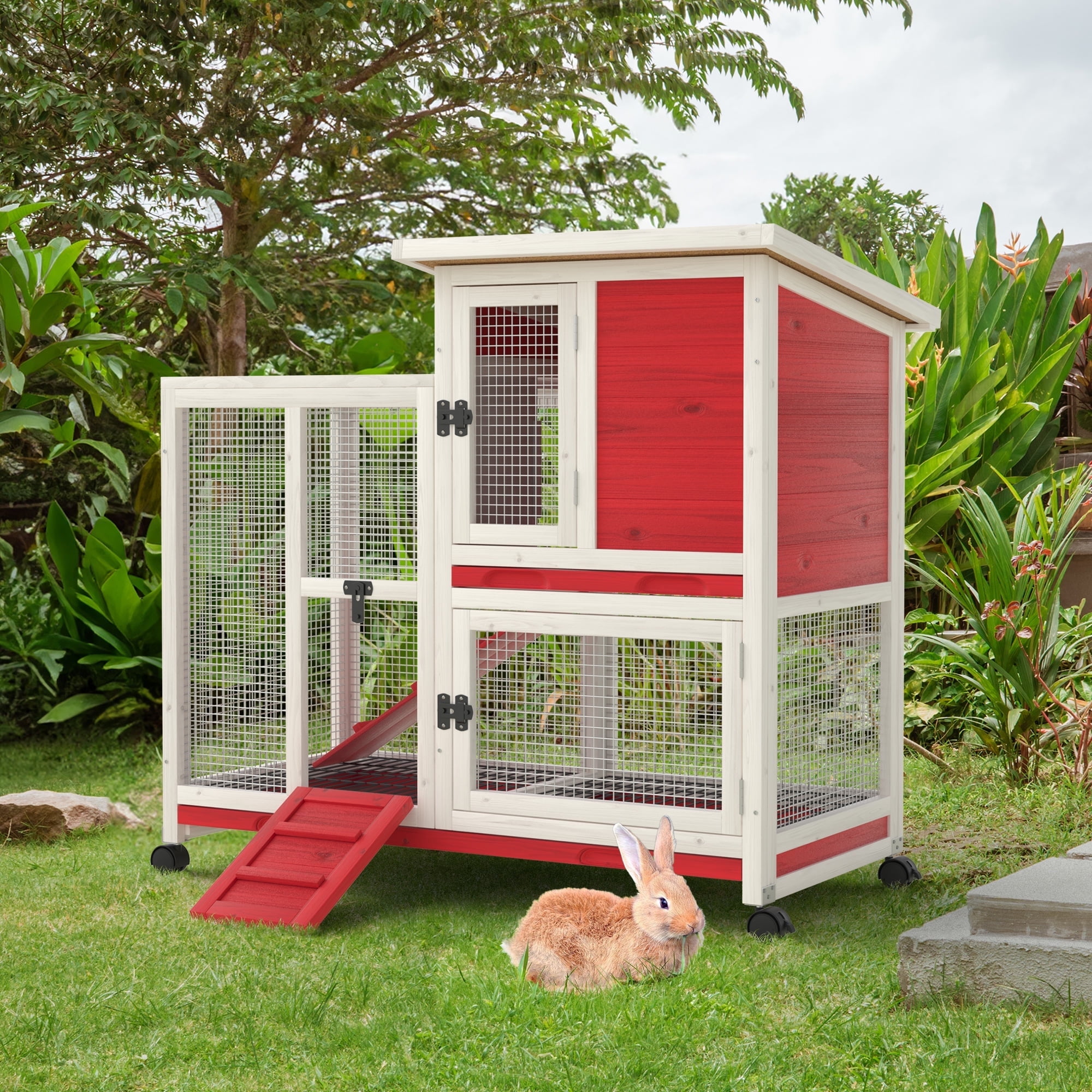 GOJOOASIS Rabbit Hutch Indoor, Water Resistant Wood Chicken Coop Outdoor with 3 Removable Tray & Running Cage & Ramp & Wheels, Red & White