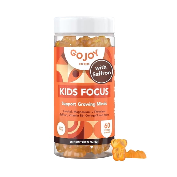 GOJOY Naturals Kids Focus Gummies 7-in-1 Saffron, Magnesium, L-Theanine & Inositol Focus & Attention Support Vegan, Sugar-Free 60ct