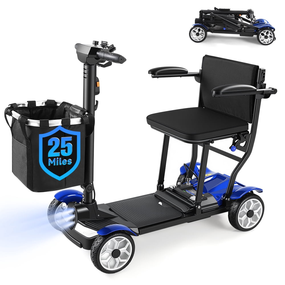 GOKEEP 4 Wheels Folding Mobility Scooter for Adults, 384Wh Removable Li Battery, Lightweight Electric Scooter for for Travel, Front & Rear Lights, Blue
