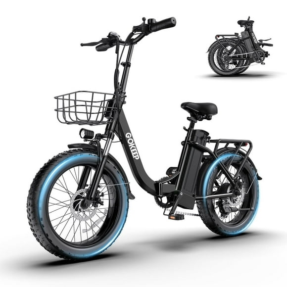 GOKEEP Folding Electric Bike for Adult, 52V 13Ah Removable Battery, 20" Fat Tire & Front Suspension Electric Bicycles, 7-Speed Commuter Ebike, UL2849, Black