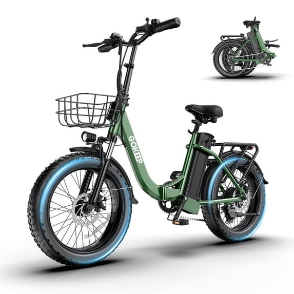 GOKEEP Folding Electric Bike for Adult, 750 Motor, 52V 13Ah Removable Battery, 20" Fat Tire & Front Suspension, 7-Speed Commuter Ebike, UL2849-Green