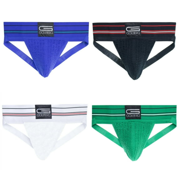 GOLBERG Men's Athletic Supporters - 4 Pack in Assorted Colors - Contoured, Striped Waistband - Multiple Sizes and Colors (Size - X Large)