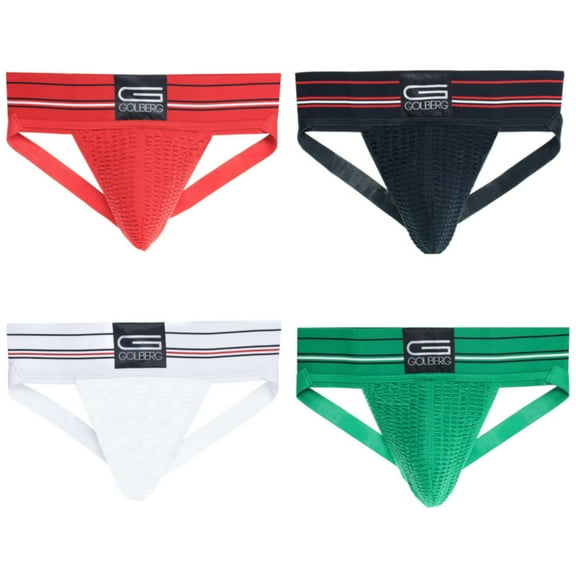 GOLBERG Men's Athletic Supporters - 4 Pack in Assorted Colors - Contoured, Striped Waistband - Multiple Sizes and Colors