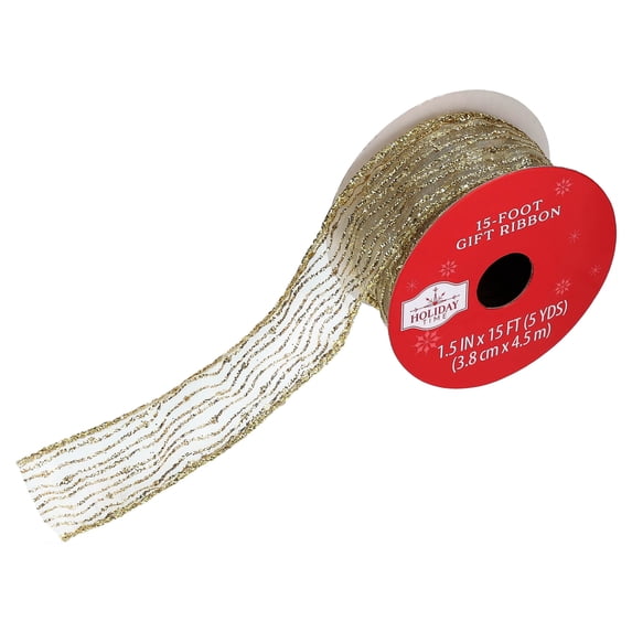 Gold Glitter Stripes Wired Edge Christmas Ribbon, 1.5" x 15', by Holiday Time
