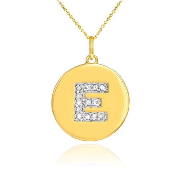 GOLD LETTER "E" INITIAL DIAMOND DISC PENDANT NECKLACE : 10K Pendant with 22" chain