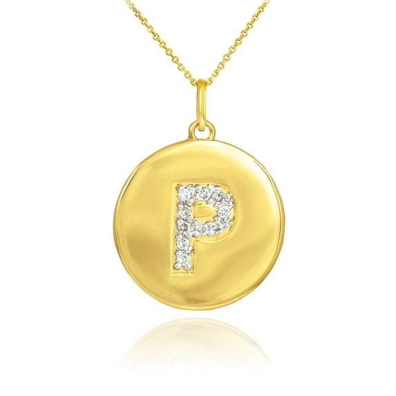 GOLD LETTER "P" INITIAL DIAMOND DISC PENDANT NECKLACE : 10K Pendant with 18" chain