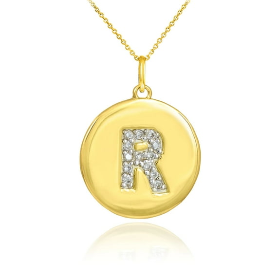 GOLD LETTER "R" INITIAL DIAMOND DISC PENDANT NECKLACE : 14K Pendant with 22" chain