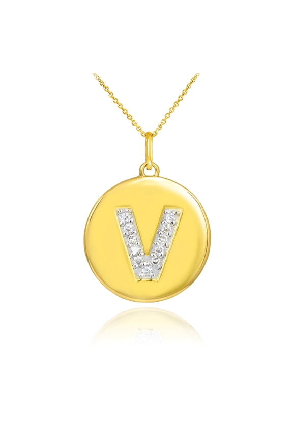 GOLD LETTER "V" INITIAL DIAMOND DISC PENDANT NECKLACE : 14K Pendant only