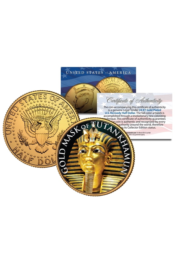 GOLD MASK OF TUTANKHAMUN 24K Gold Plated JFK Half Dollar US Coin KING TUT DEATH
