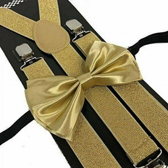 GOLD Metallic Suspender and Bowtie Set Wedding Prom Suspenders Adult