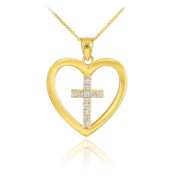GOLD OPEN HEART DIAMOND CROSS PENDANT NECKLACE : 10K Pendant with 16" chain