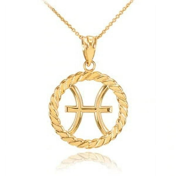 GOLD PISCES ZODIAC SIGN IN CIRCLE ROPE PENDANT NECKLACE : 14K Pendant with 16" chain