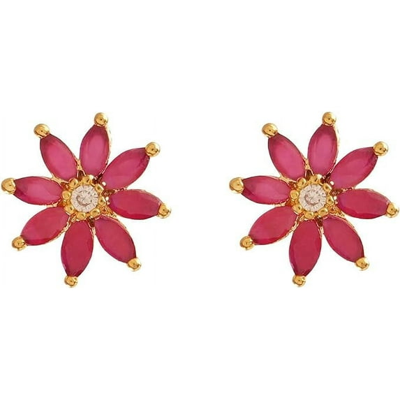 GOLD PLATED CZ & PINK FLOWER STUD EARRING